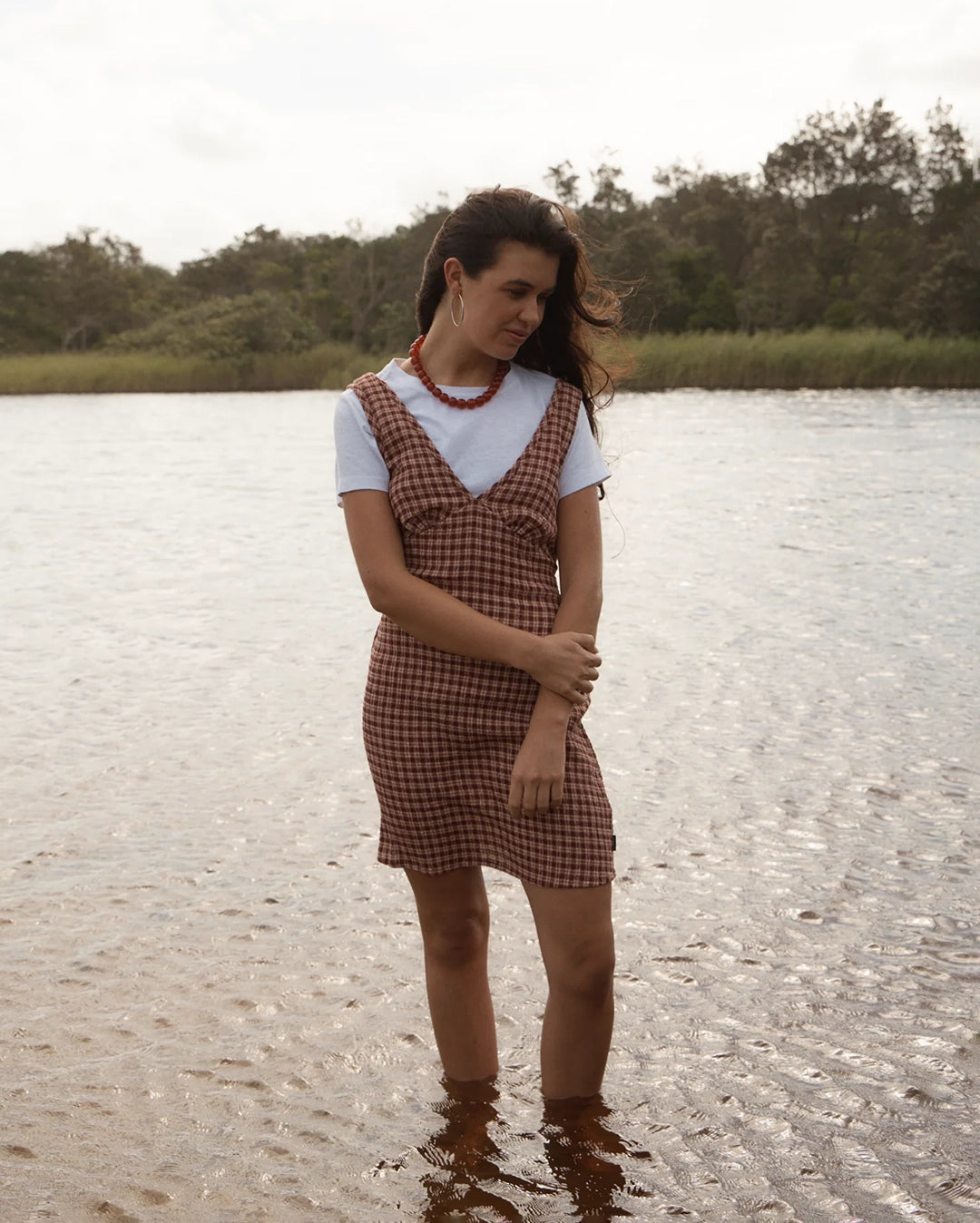 Afends Capricorn - Seersucker Mini Dress - Burgundy / Beige Check