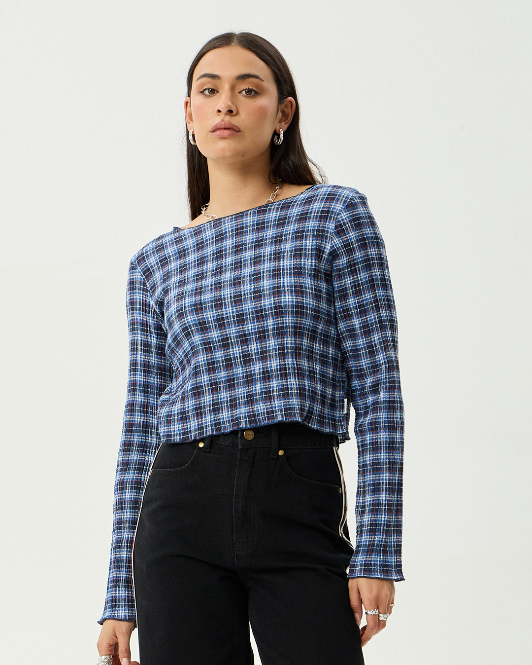 【新品】anuke Backopen Check Tops Afends Mountains - Hemp Seersucker Long Sleeve Top - Navy Red