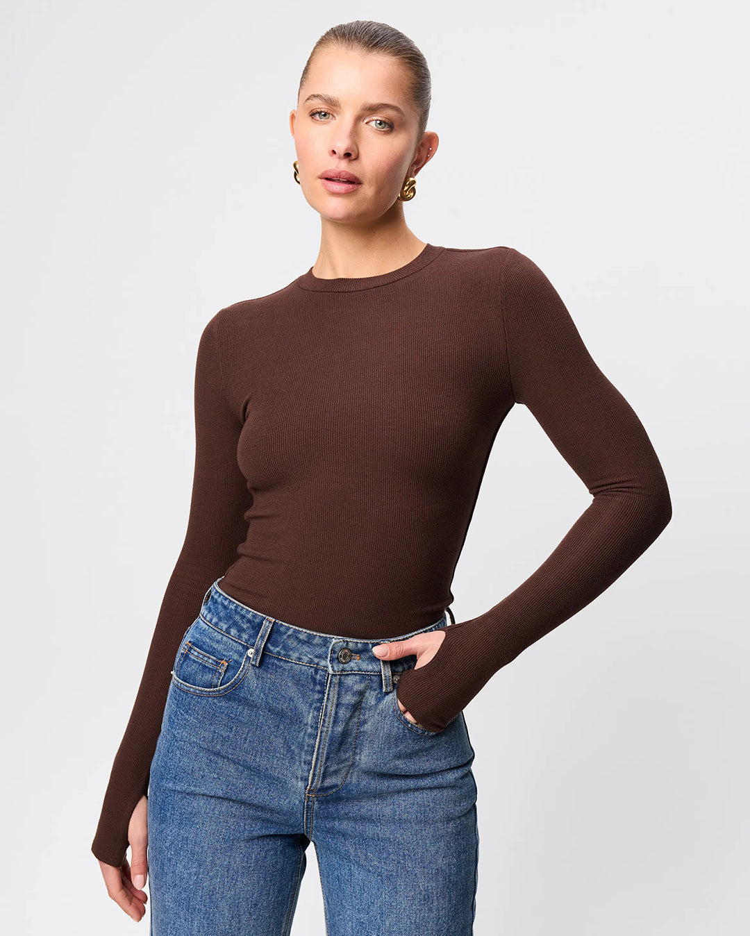 Mossman Brooklyn Top in chocolate, the viral ribbed longline jersey top at Wally New Zealand
