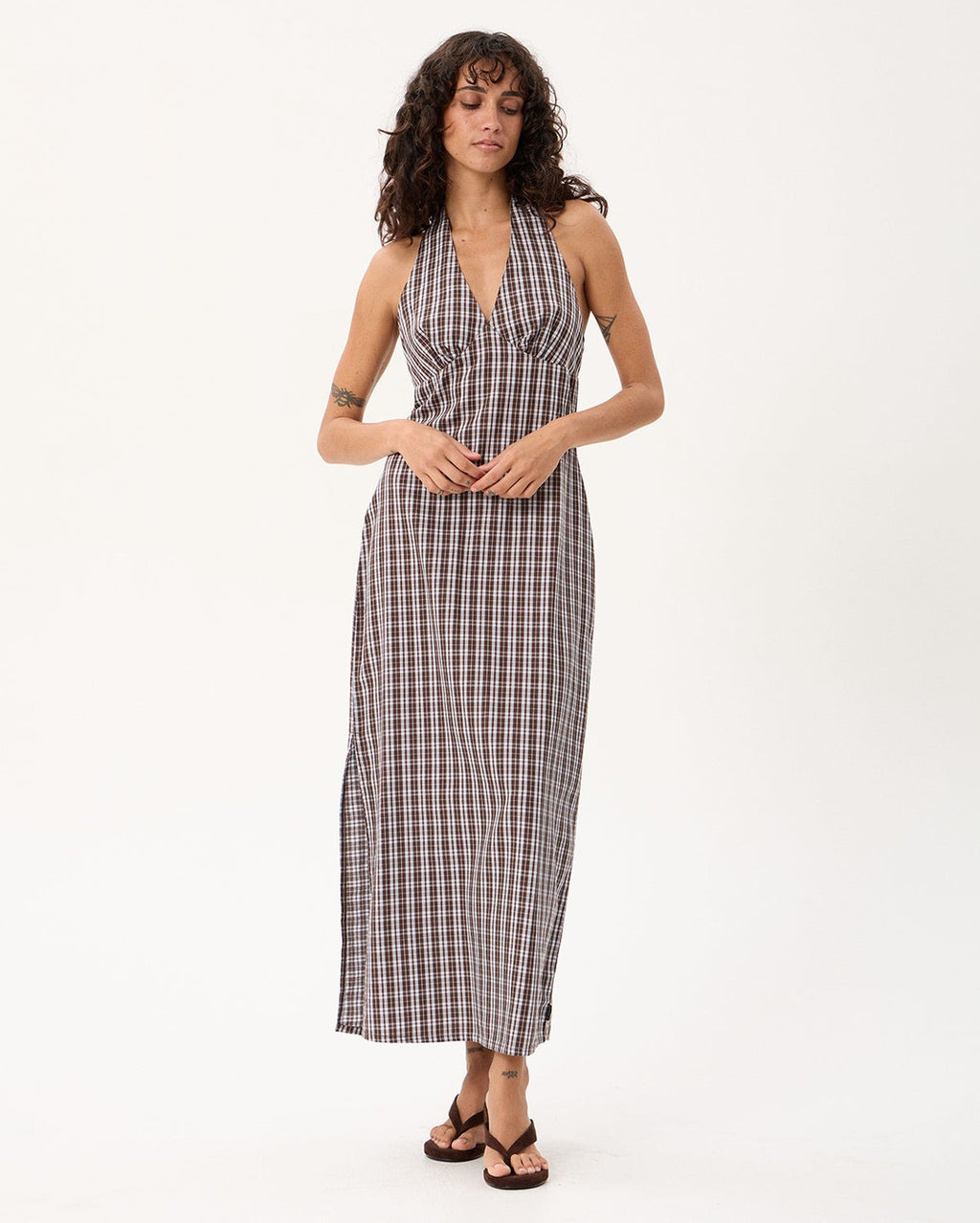 Alexa Echo - Recycled Halter Maxi Dress - Brown / Blue Check - Afends