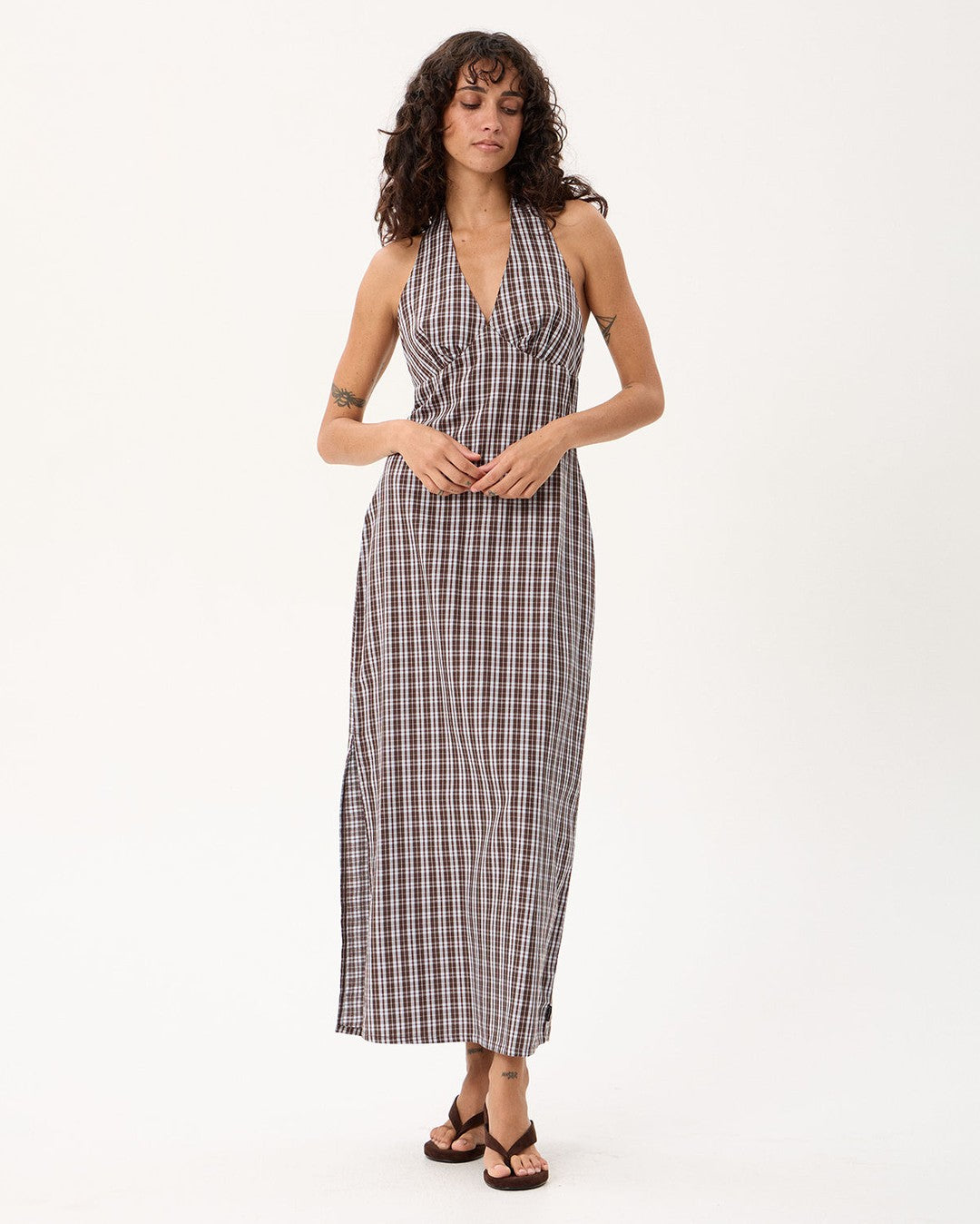 Alexa Echo - Recycled Halter Maxi Dress - Brown / Blue Check - Afends