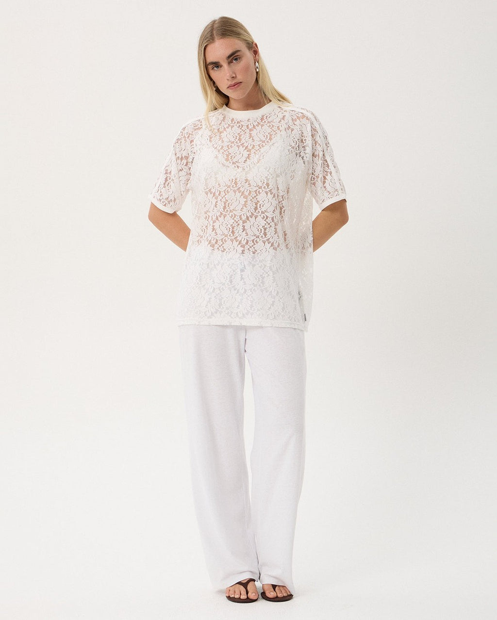 Angela - Recycled Lace Oversized Raglan Tee - White - Afends