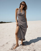 Alexa Echo - Recycled Halter Maxi Dress - Brown / Blue Check - Afends