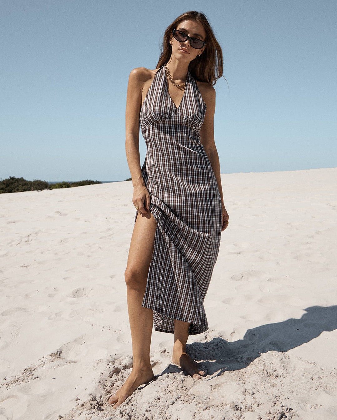Alexa Echo - Recycled Halter Maxi Dress - Brown / Blue Check - Afends