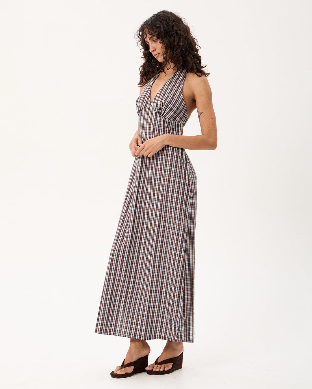 Alexa Echo - Recycled Halter Maxi Dress - Brown / Blue Check - Afends