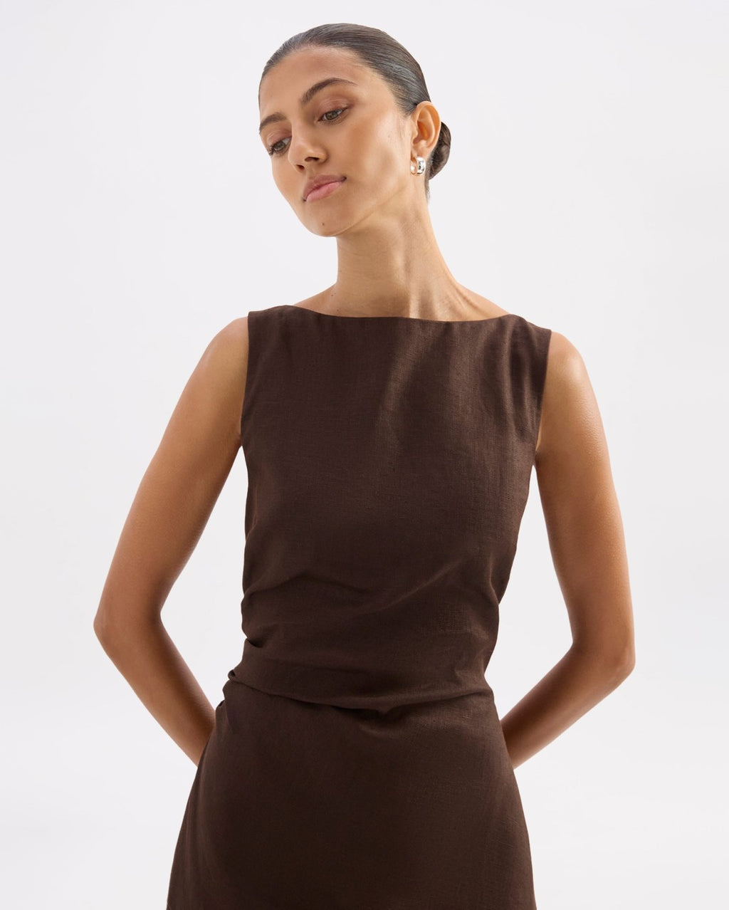 Eleri Linen Mini Dress - Chocolate - Nude Lucy