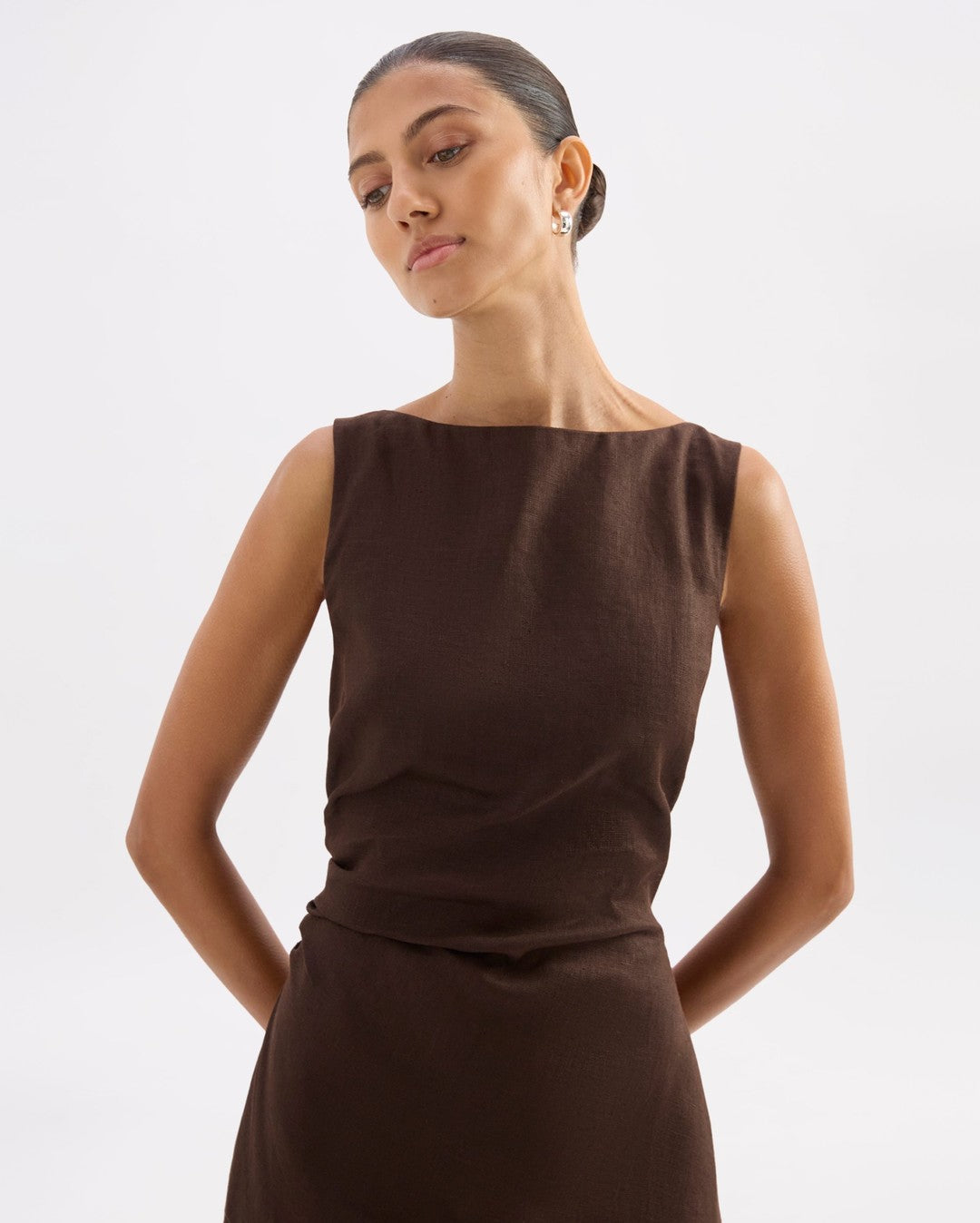 Eleri Linen Mini Dress - Chocolate - Nude Lucy