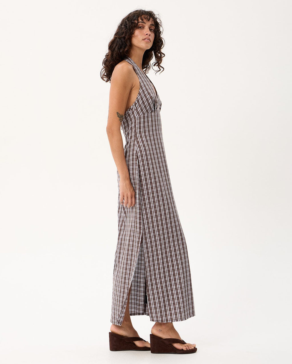 Alexa Echo - Recycled Halter Maxi Dress - Brown / Blue Check - Afends