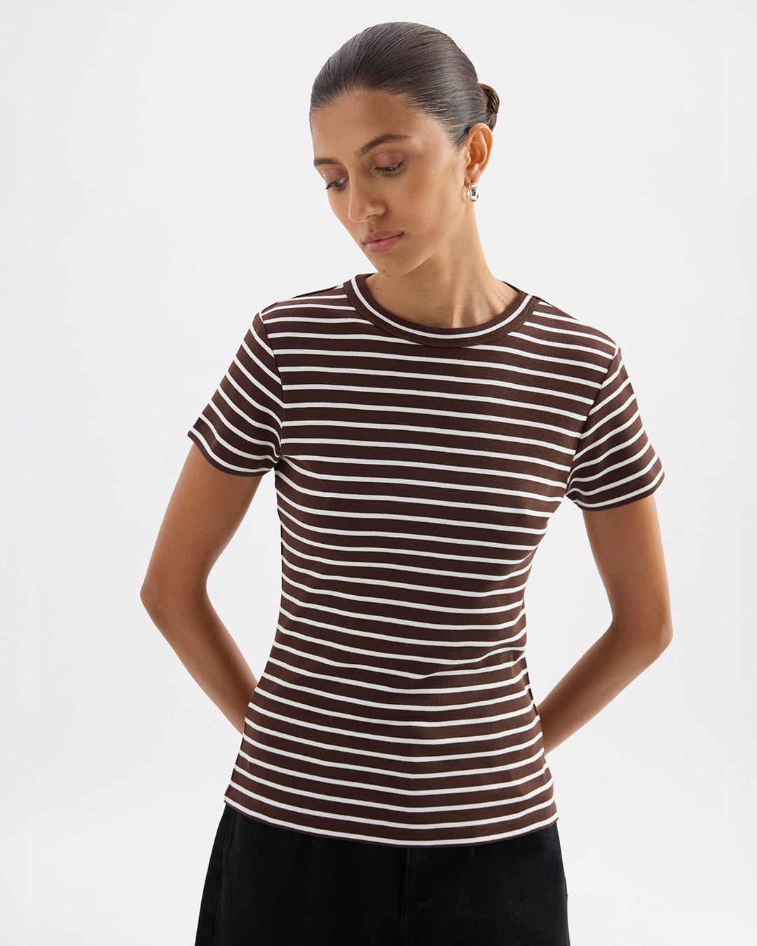 Organic Stripe Baby Tee - Choc Stripe - Nude Lucy