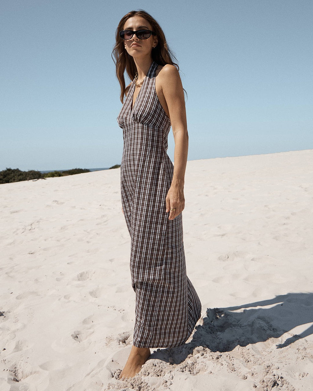 Alexa Echo - Recycled Halter Maxi Dress - Brown / Blue Check - Afends