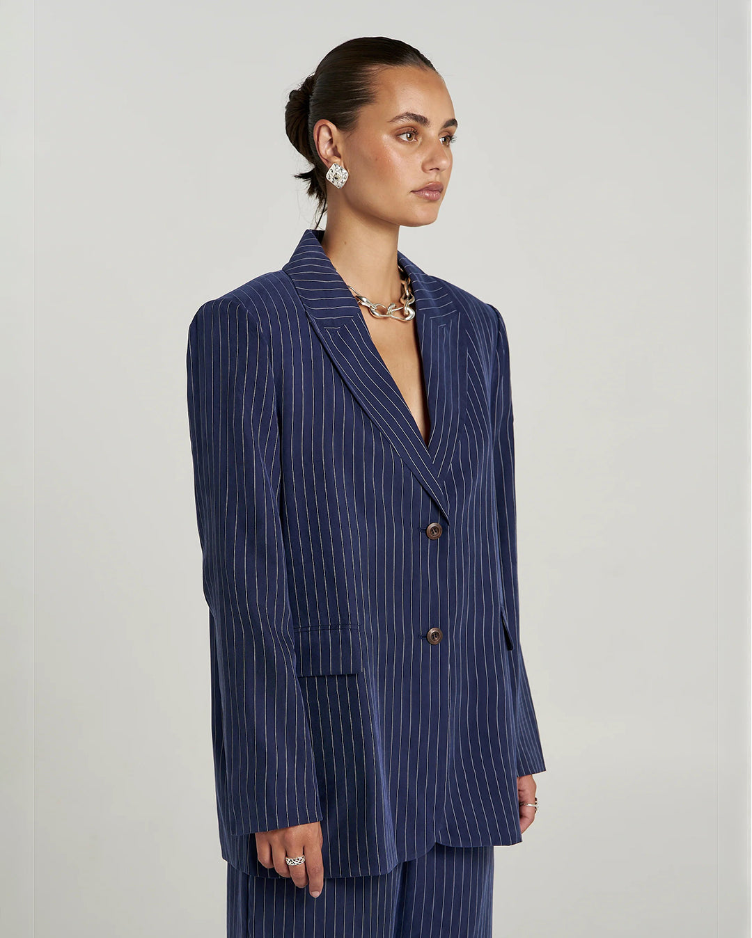 Oversized Blazer - Navy Pinstripe by Summi Summi - view 8
