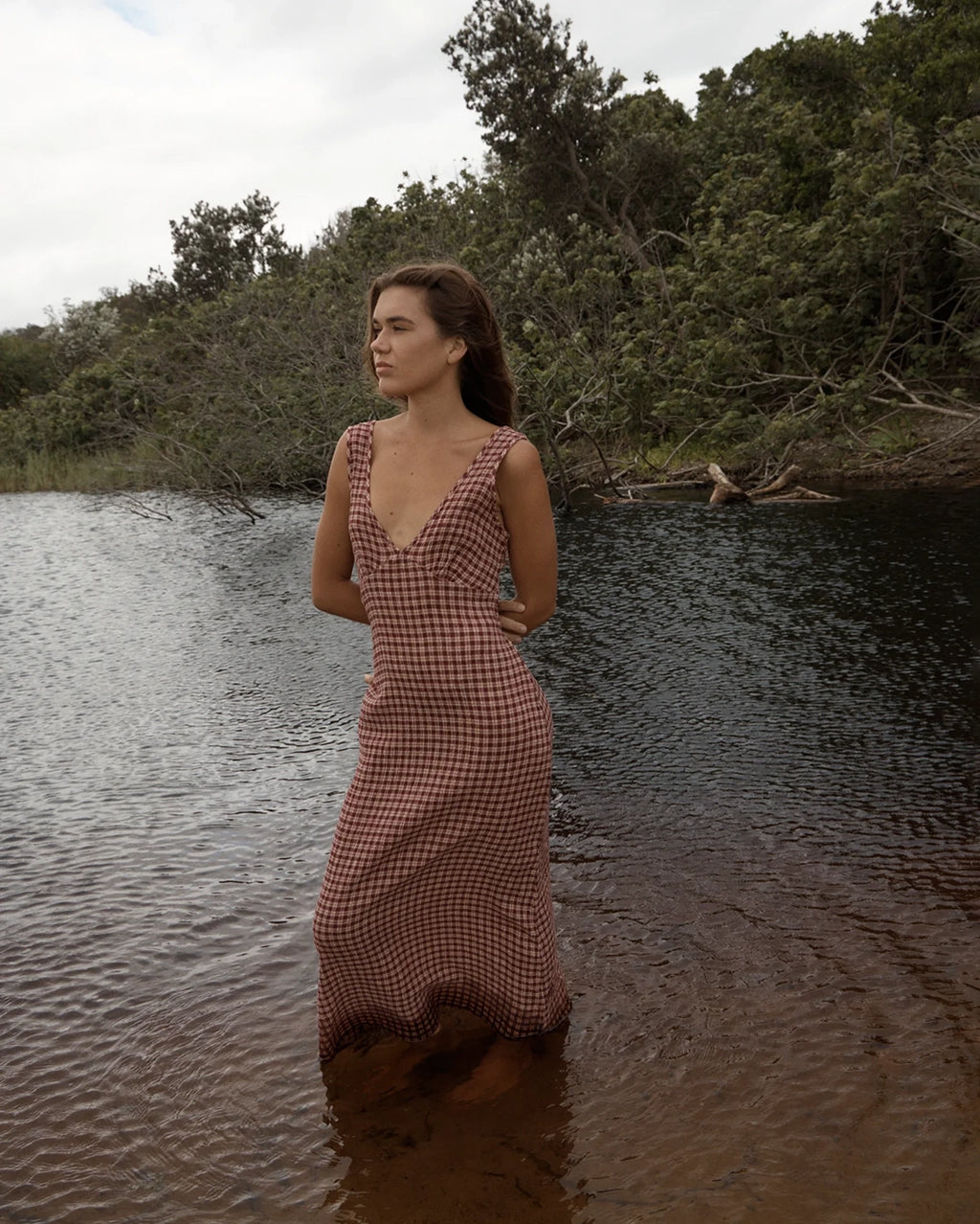 Capricorn Tully - Seersucker Maxi Dress - Burgundy / Beige Check