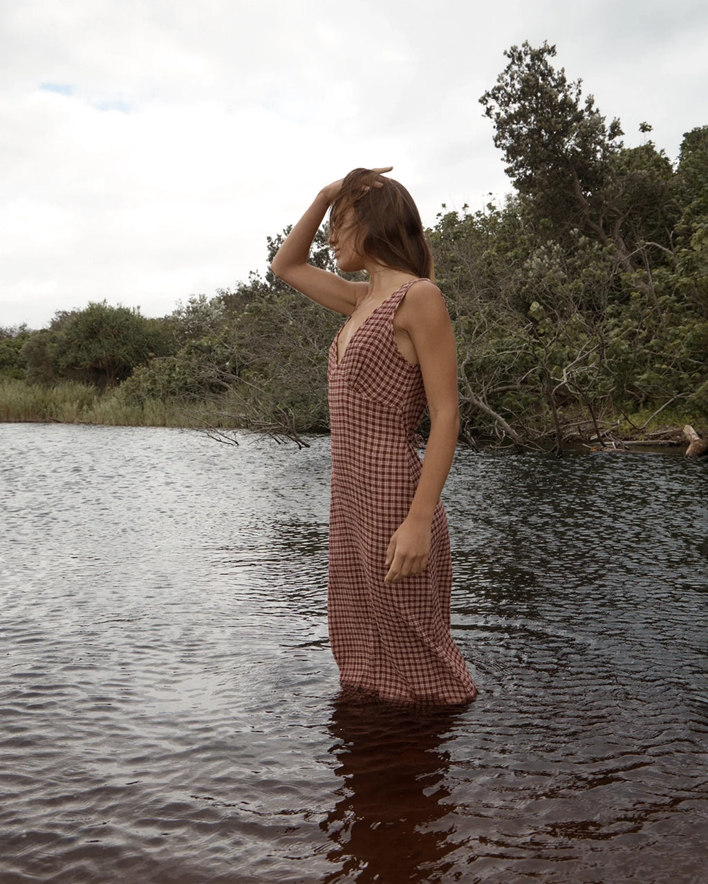 Capricorn Tully - Seersucker Maxi Dress - Burgundy / Beige Check