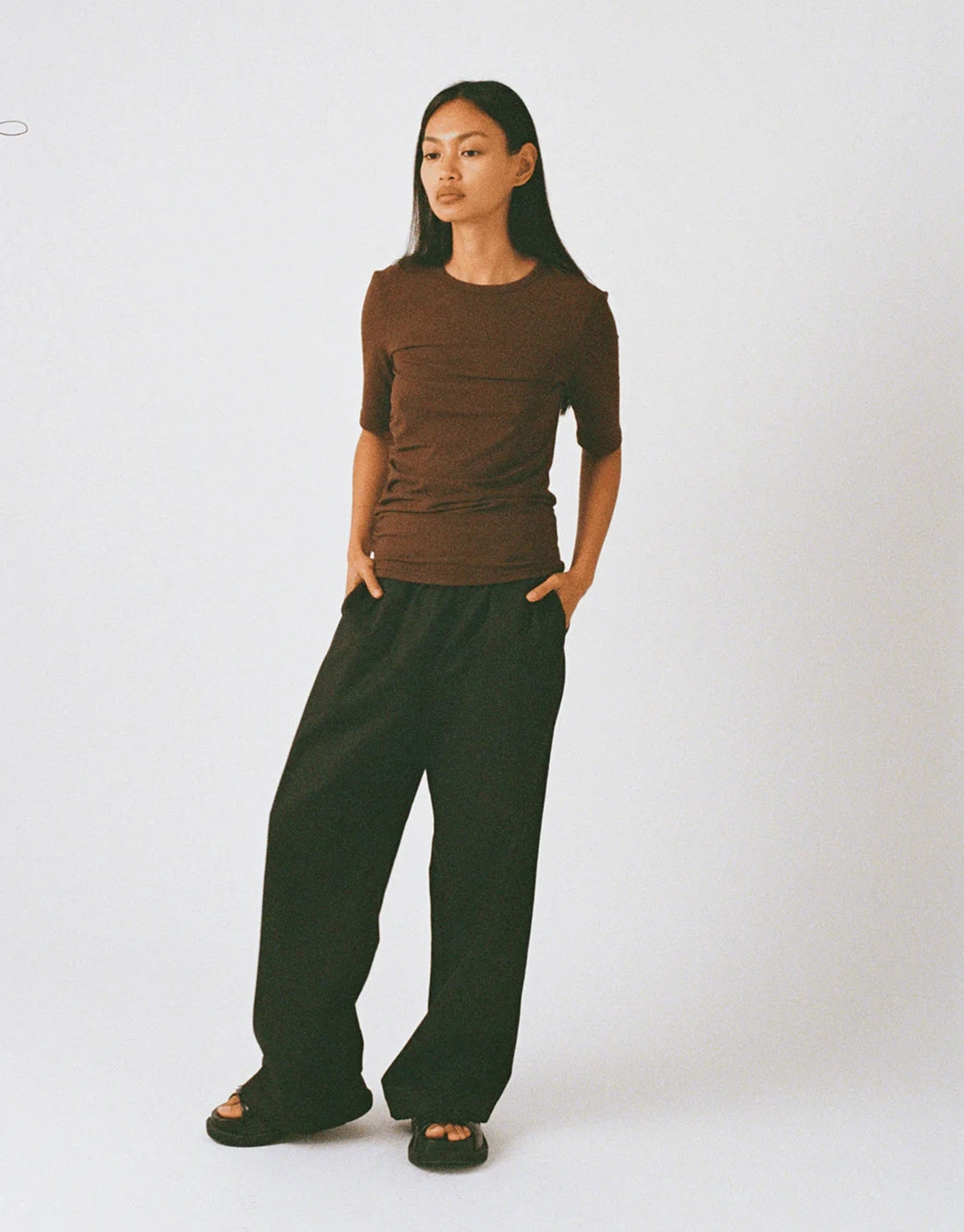 Ruched Short Sleeve T-Shirt - Chocolate