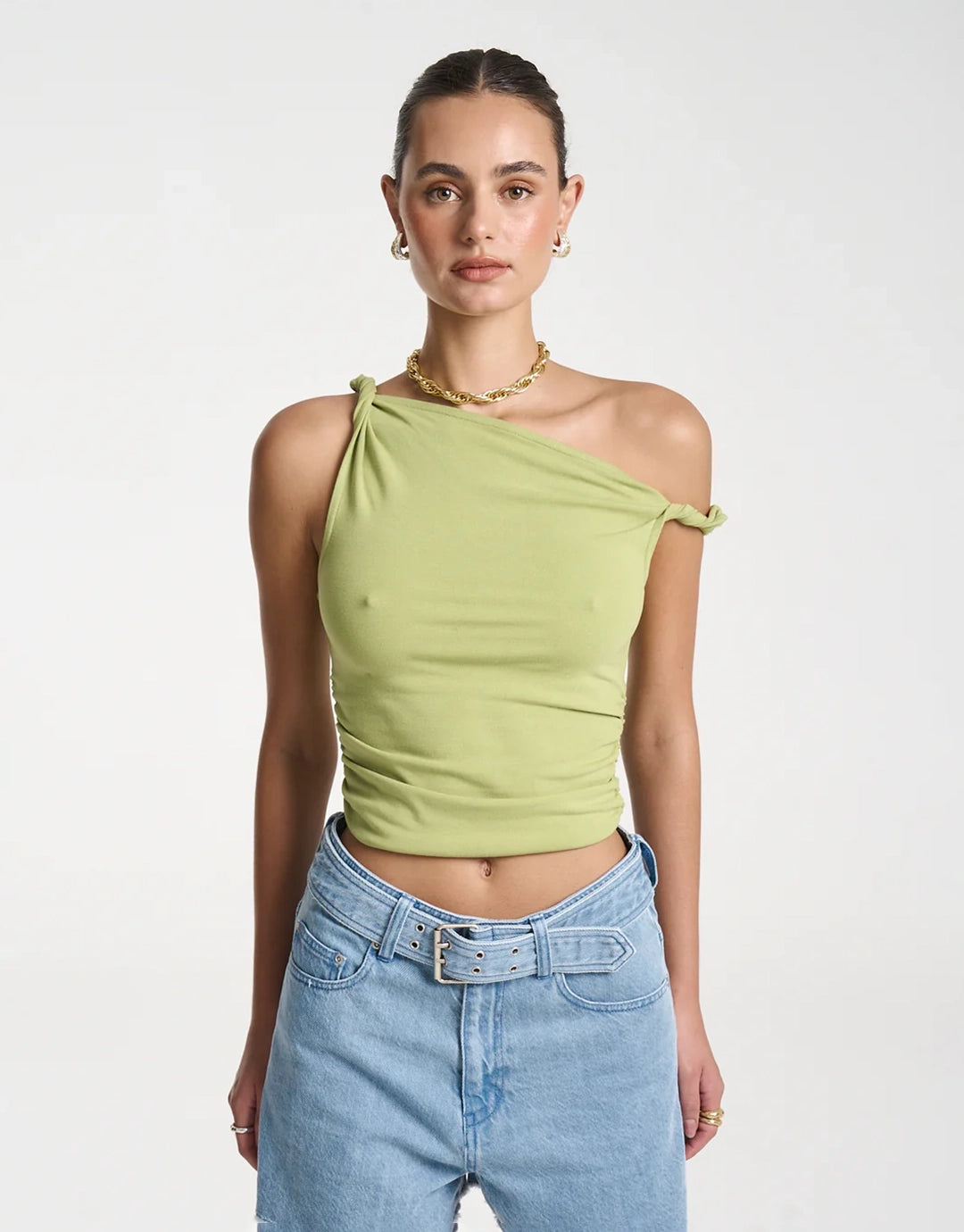 Twist Off Shoulder Top - Apple Green