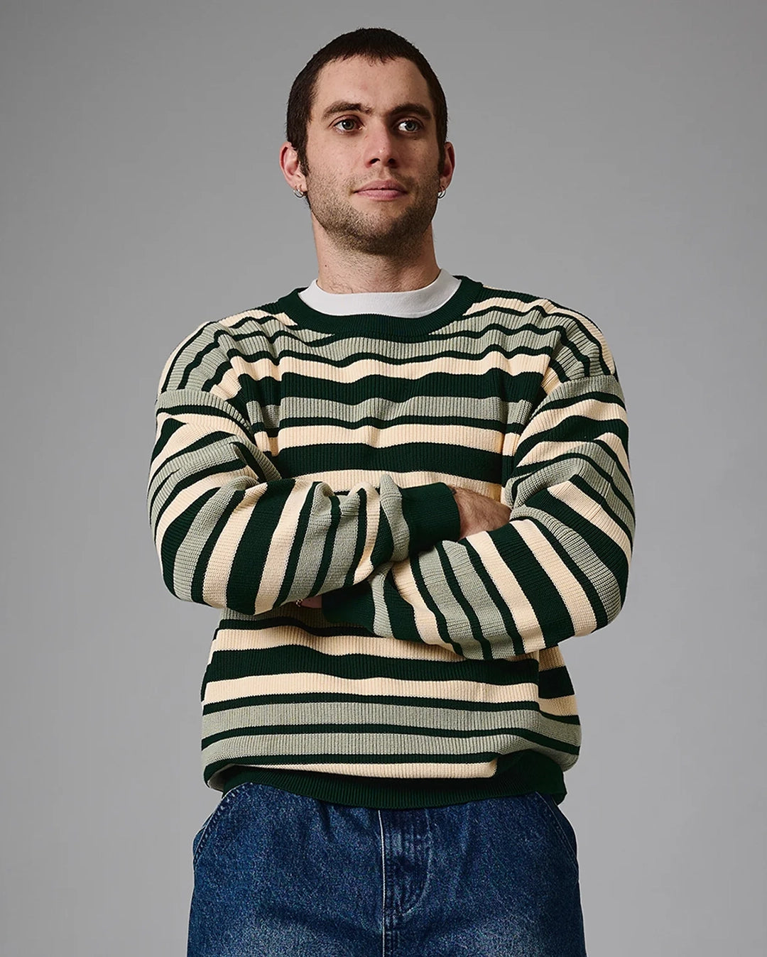 Striped Organic Knit Sweater - Dark Jade