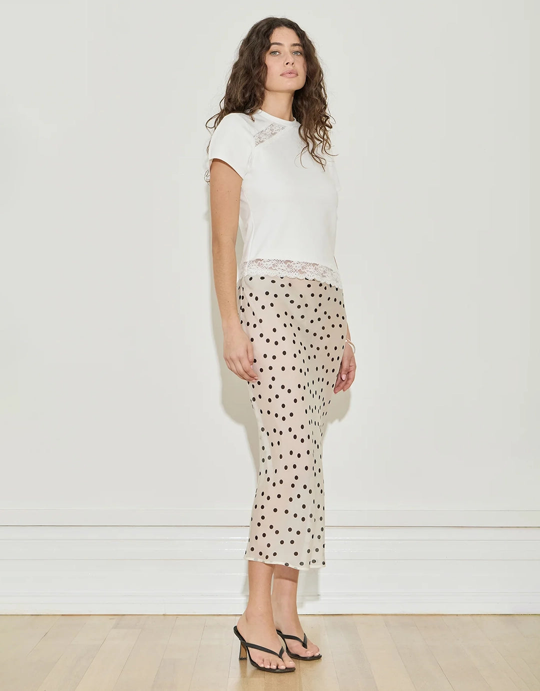 Silk Chiffon Midi Skirt - Cream and Black Polka Dot by Maison Essentiele