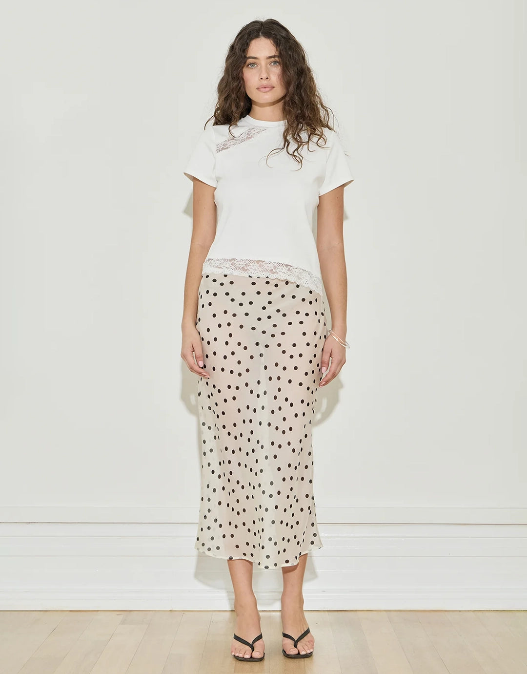 Silk Chiffon Midi Skirt - Cream and Black Polka Dot by Maison Essentiele - view 2