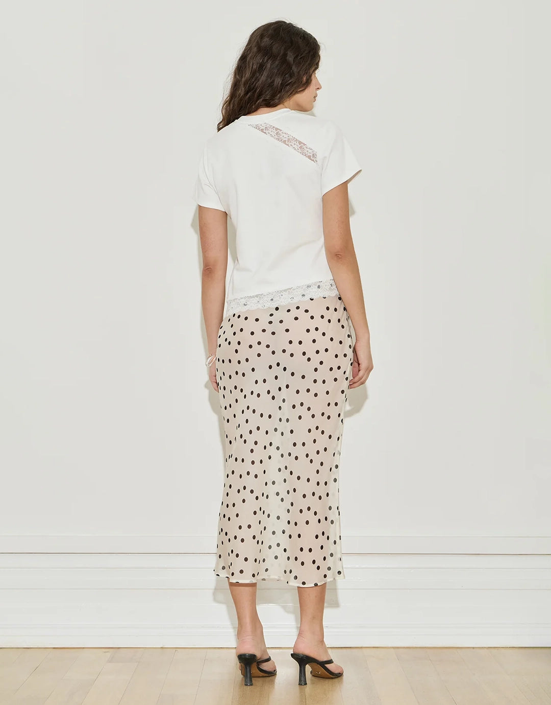 Silk Chiffon Midi Skirt - Cream and Black Polka Dot by Maison Essentiele - view 3