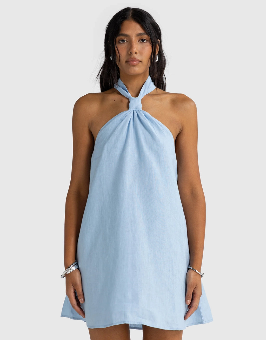 Mira Linen Halter Mini Dress - Powder Blue