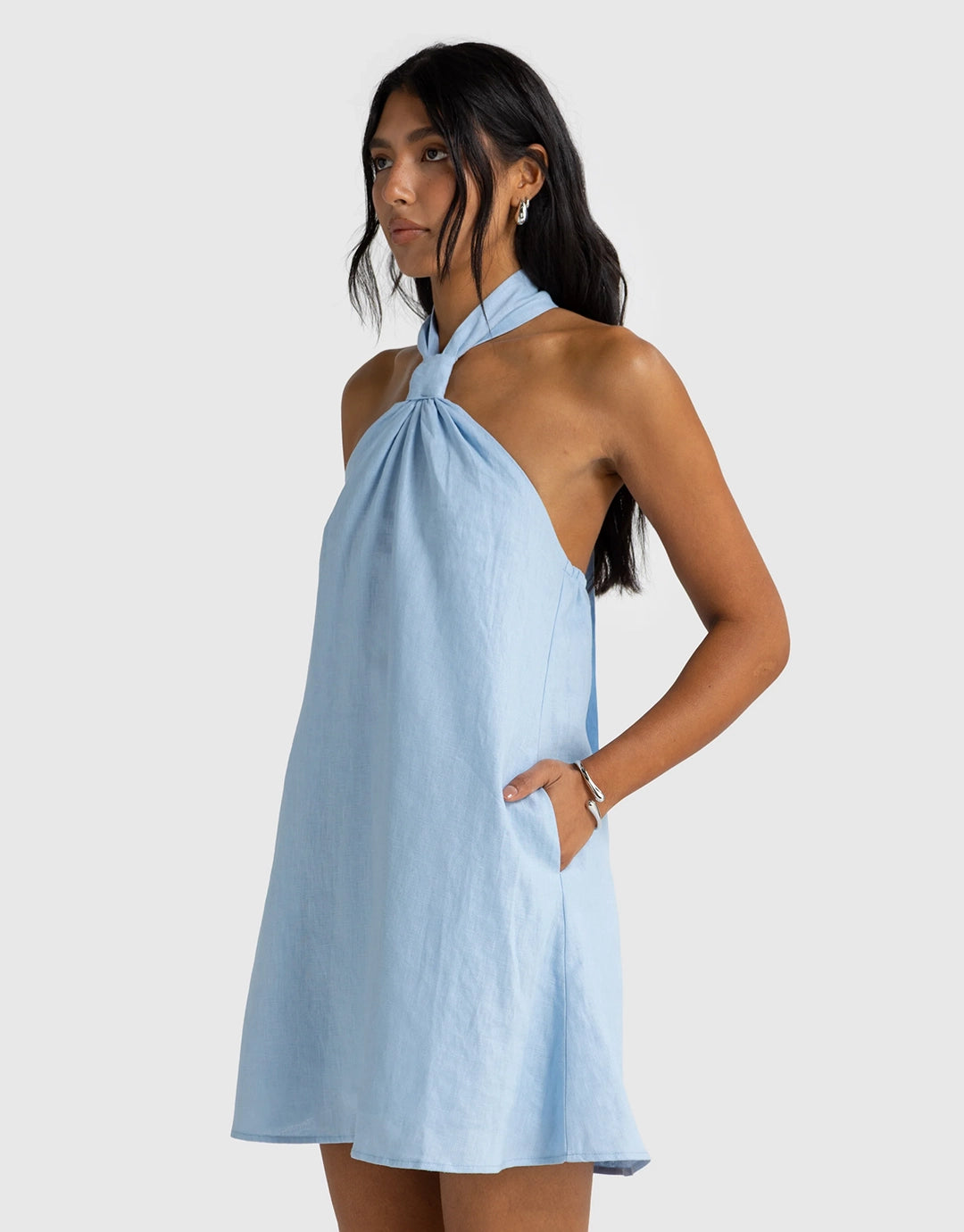 Mira Linen Halter Mini Dress - Powder Blue