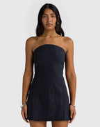 Savannah Linen Strapless Mini Dress - French Navy by ORTC - view 2