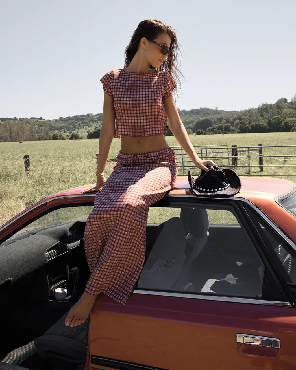 Capricorn - Seersucker Maxi Skirt - Burgundy / Beige Check