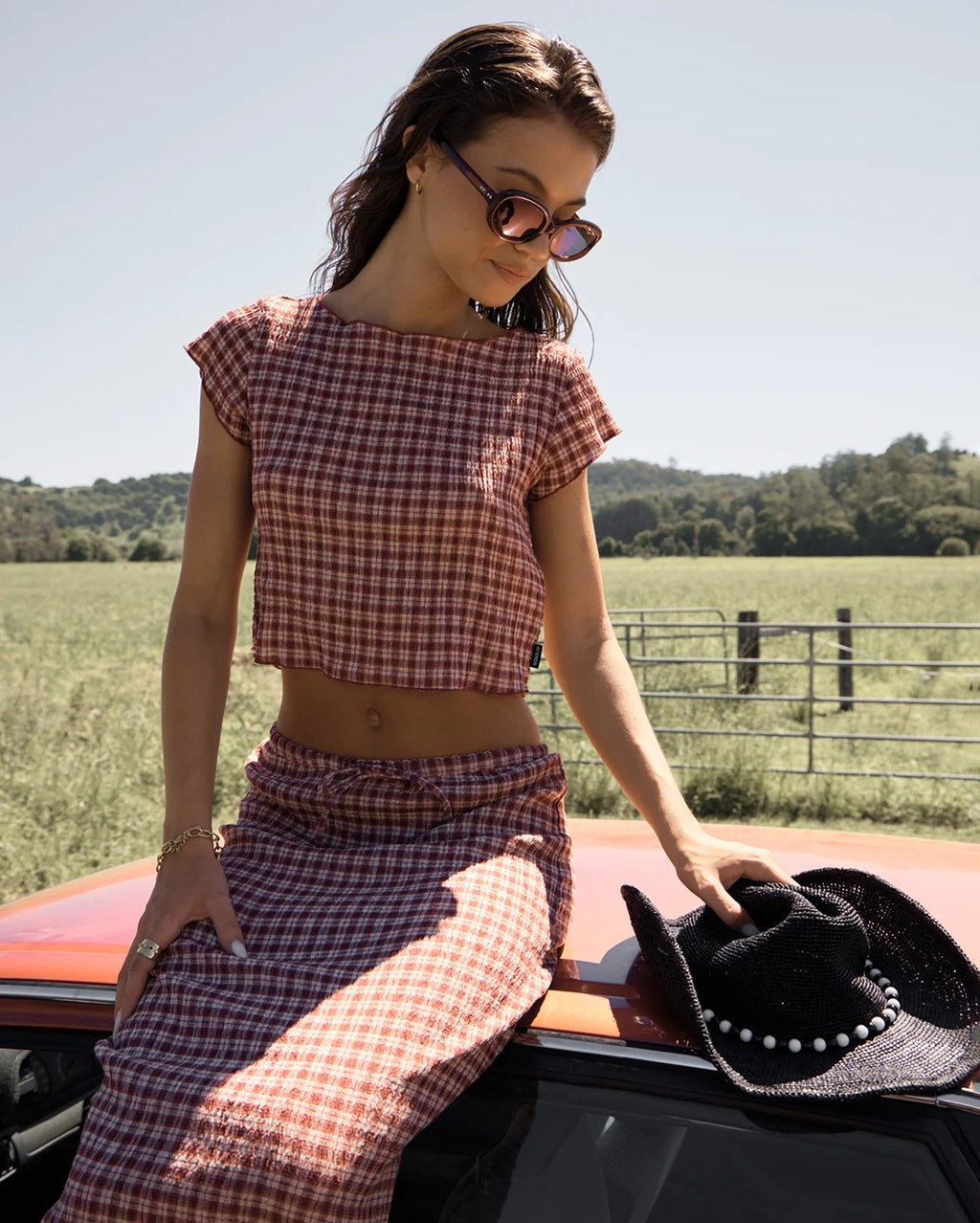 Capricorn - Seersucker Top - Burgundy / Beige Check by Afends