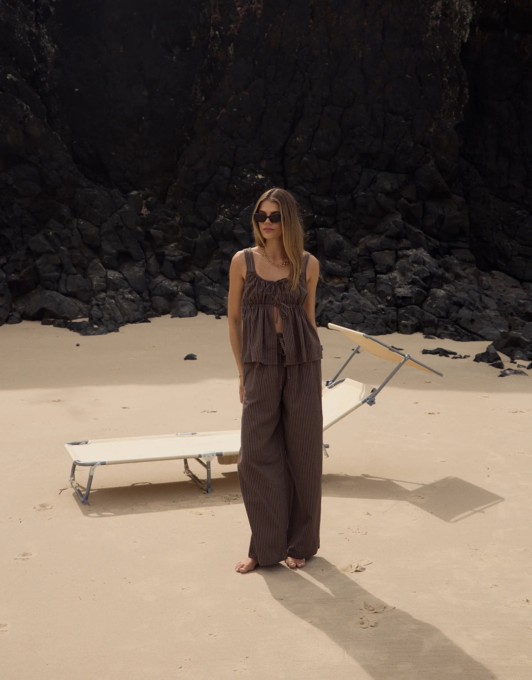 Cyrus Wide Leg Pant - Coffee Stripe