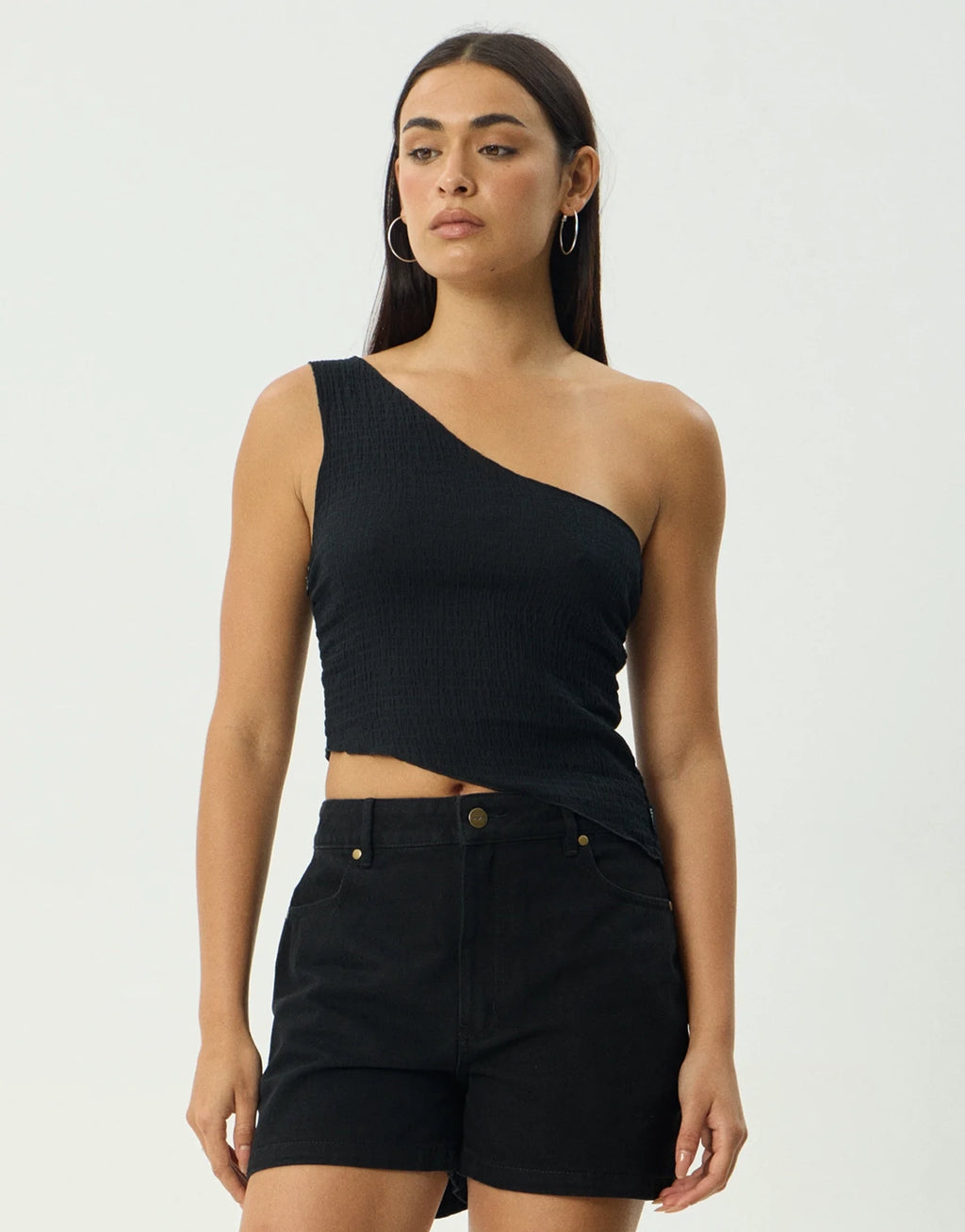 Marina Seersucker One Shoulder Top - Black