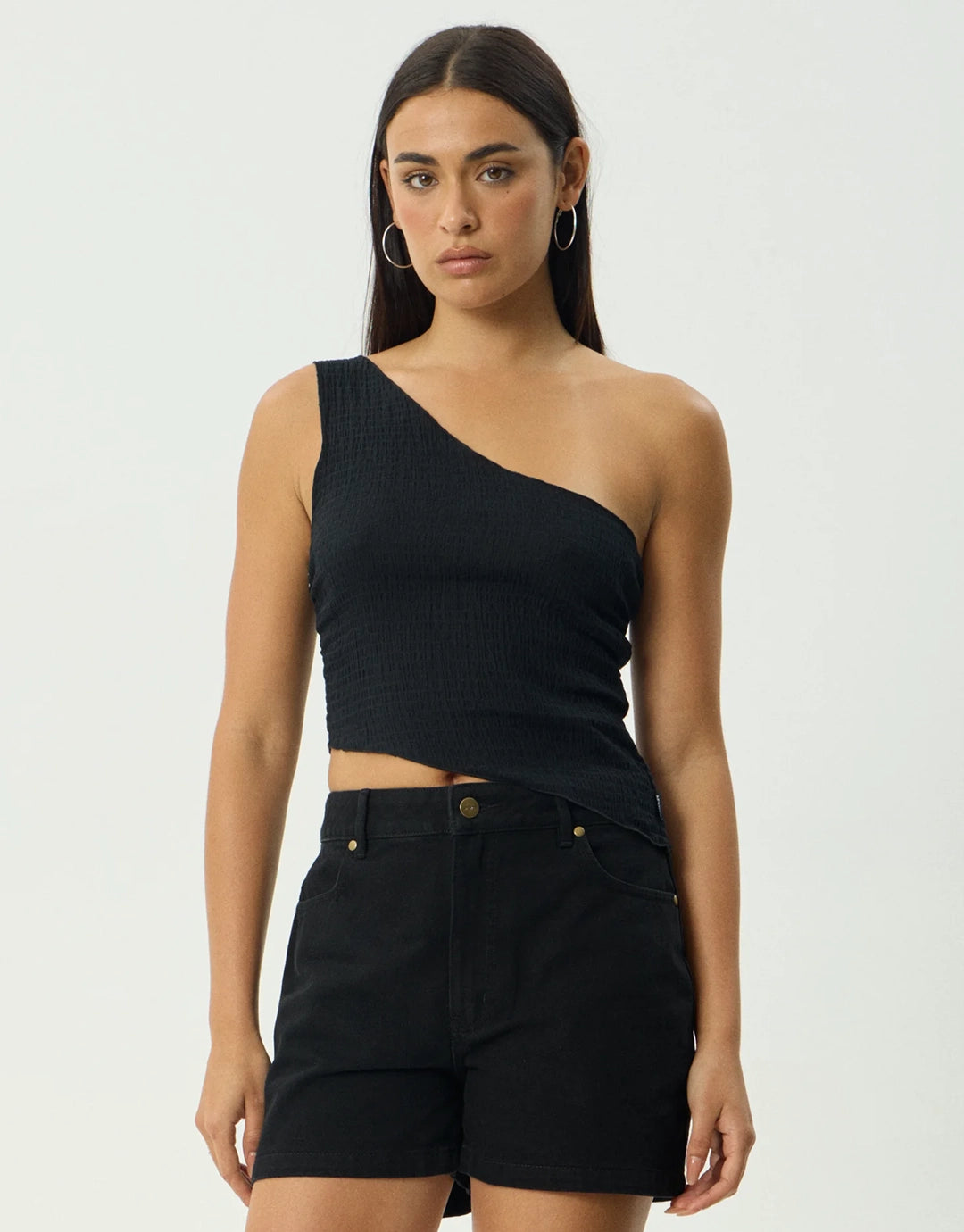 Marina Seersucker One Shoulder Top - Black