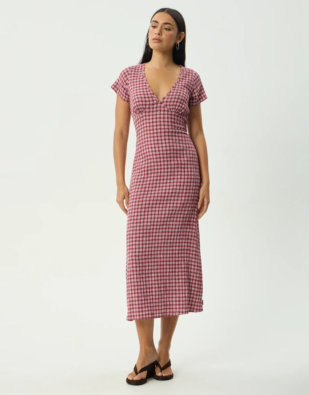 Base Maeve Seersucker Maxi Dress - Burgundy Check