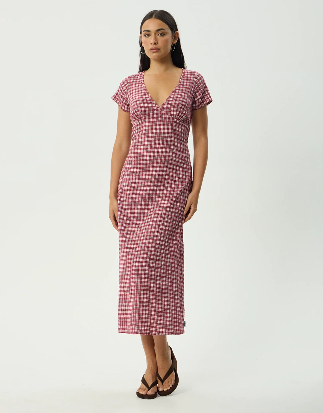 Base Maeve Seersucker Maxi Dress - Burgundy Check