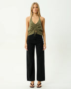 Halle - Linen Ruched Top - Deep Olive by Afends - view 2