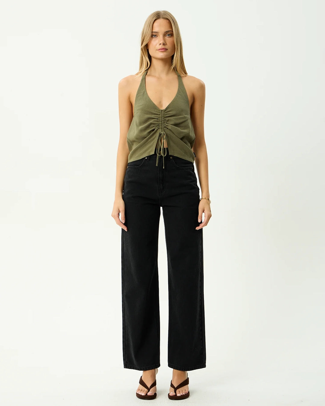 Halle - Linen Ruched Top - Deep Olive by Afends - view 2