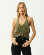 Halle - Linen Ruched Top - Deep Olive by Afends