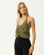 Halle - Linen Ruched Top - Deep Olive by Afends - view 3