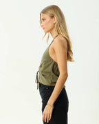 Halle - Linen Ruched Top - Deep Olive by Afends - view 4
