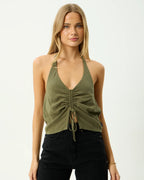 Halle - Linen Ruched Top - Deep Olive by Afends - view 6