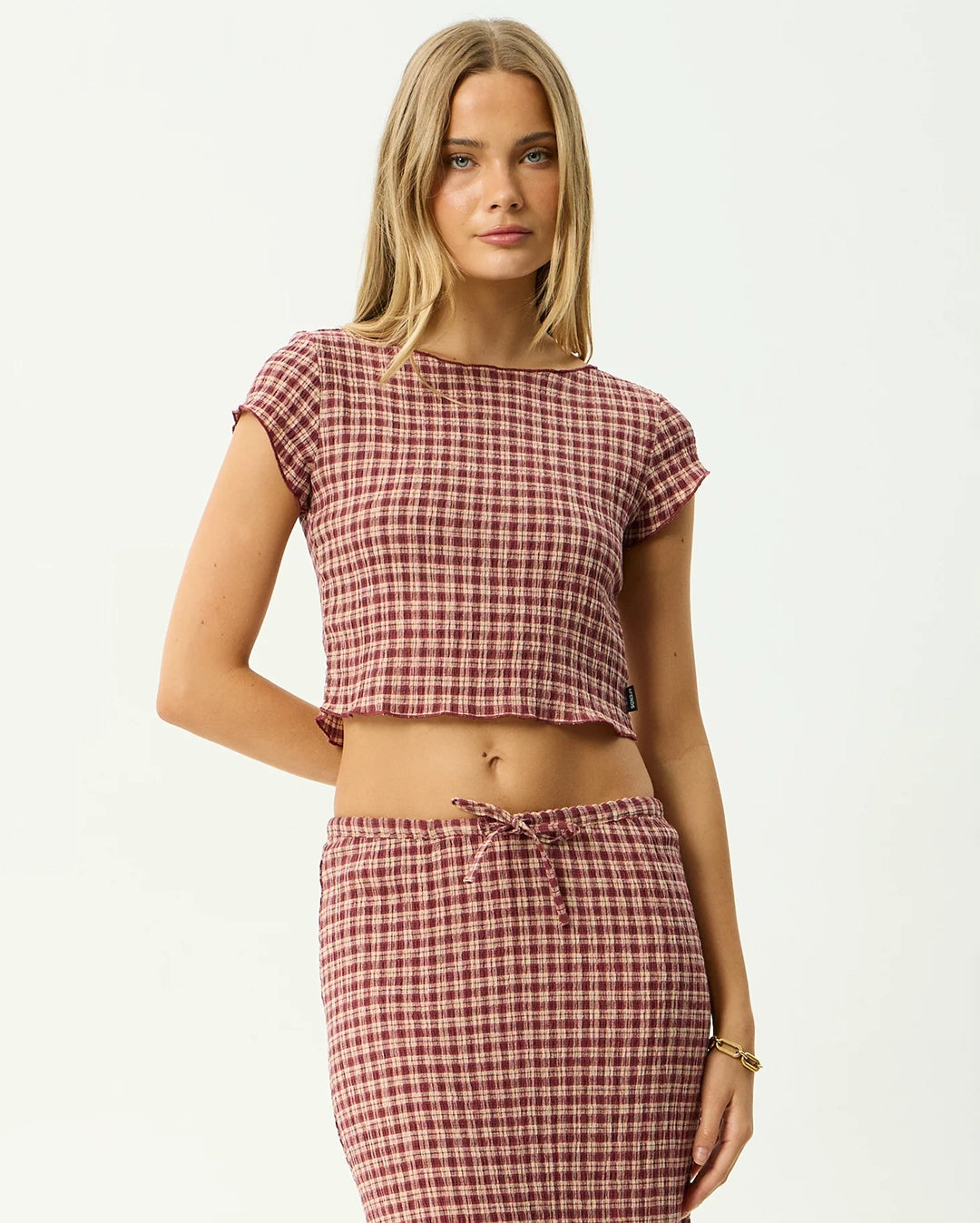 Capricorn - Seersucker Top - Burgundy / Beige Check by Afends - view 2