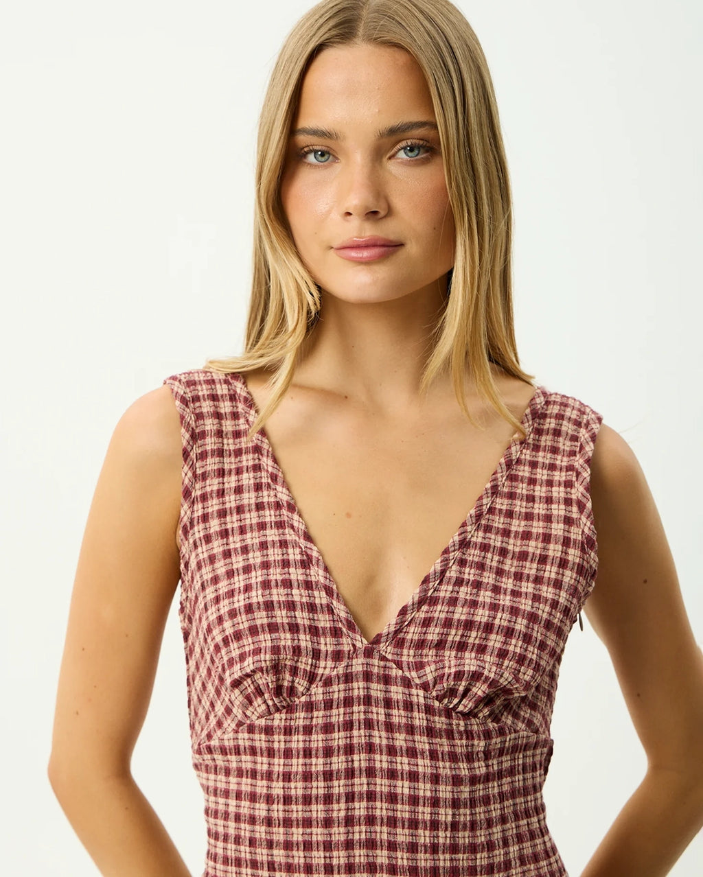 Capricorn - Seersucker Mini Dress - Burgundy / Beige Check by Afends - view 7