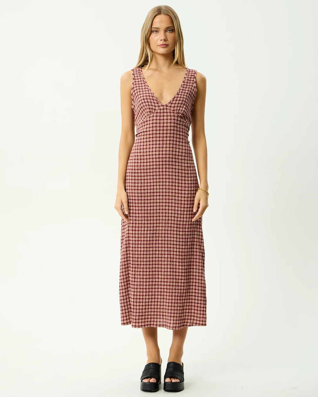 Capricorn Tully - Seersucker Maxi Dress - Burgundy / Beige Check