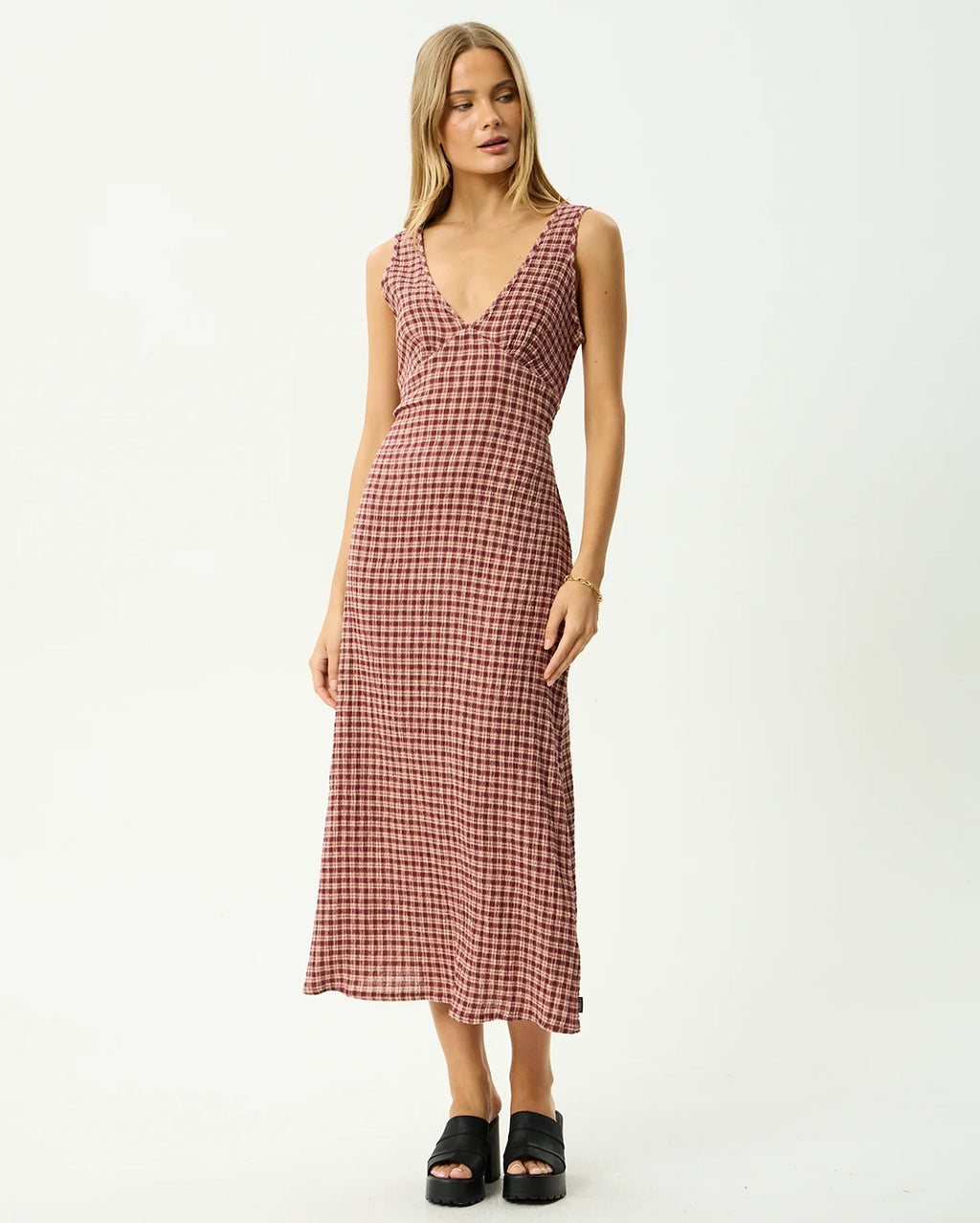 Capricorn Tully - Seersucker Maxi Dress - Burgundy / Beige Check