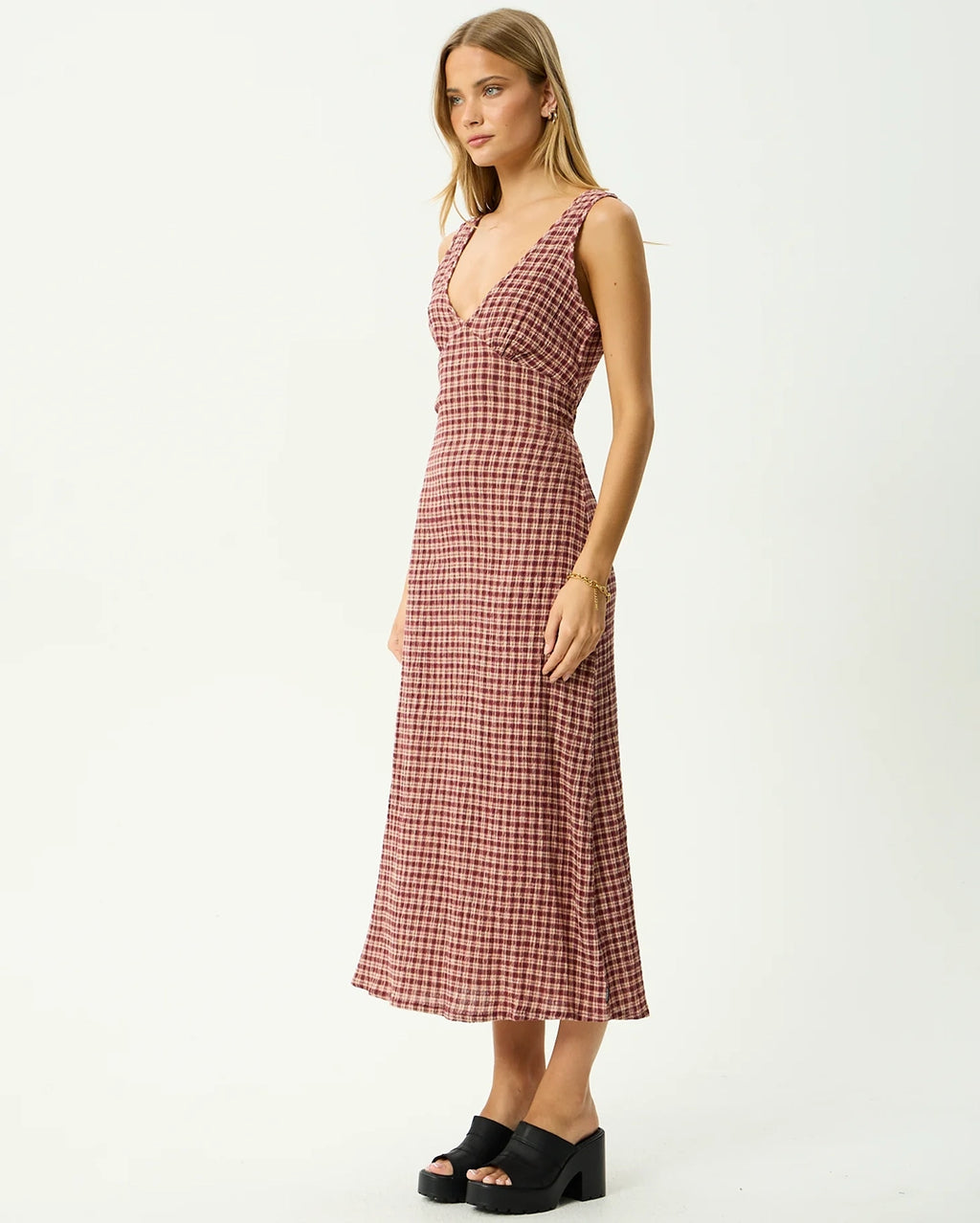 Capricorn Tully - Seersucker Maxi Dress - Burgundy / Beige Check