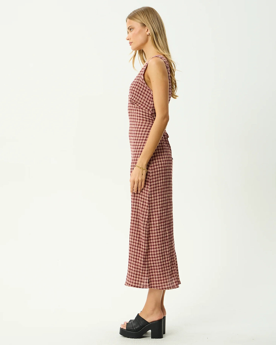 fitted lace wedding dress Afends Capricorn Tully - Seersucker Maxi Dress - Burgundy / Beige Check