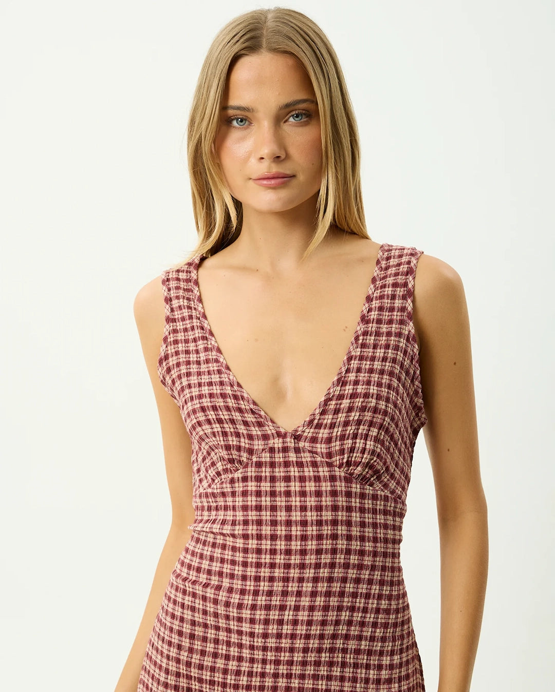Capricorn Tully - Seersucker Maxi Dress - Burgundy / Beige Check