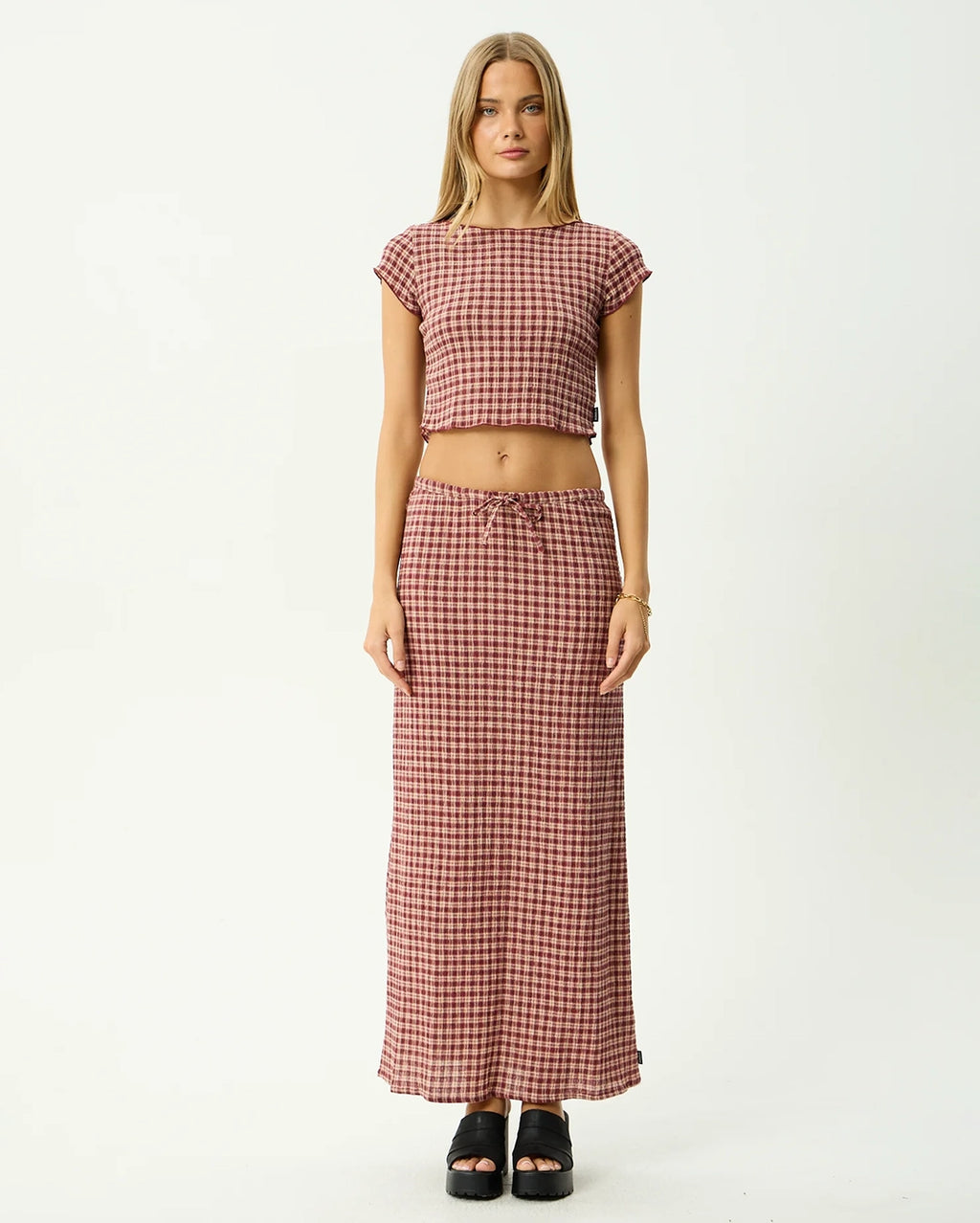 Capricorn - Seersucker Maxi Skirt - Burgundy / Beige Check
