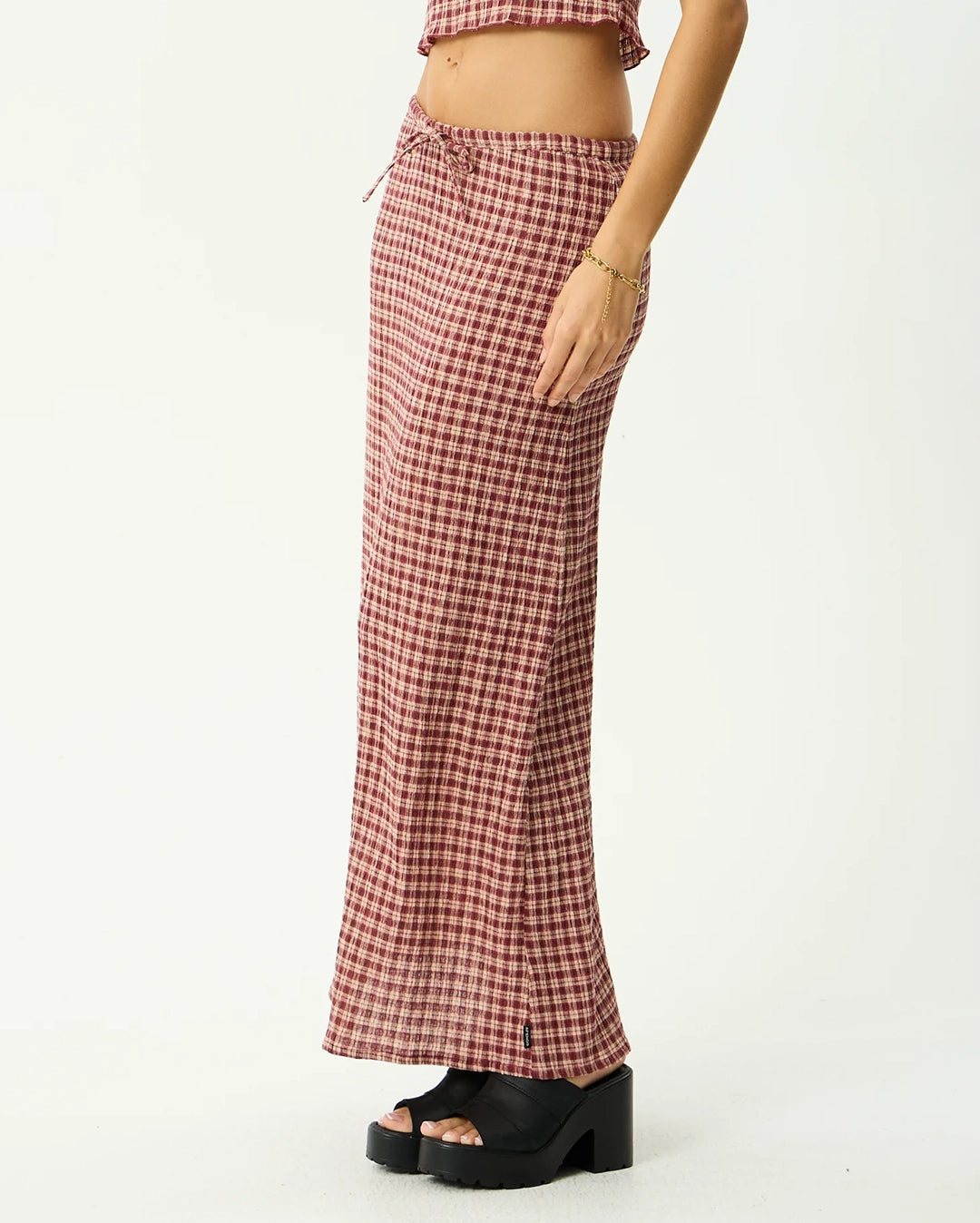 Capricorn - Seersucker Maxi Skirt - Burgundy / Beige Check