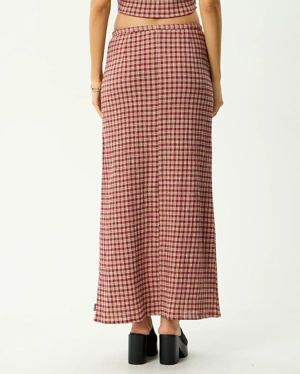 Capricorn - Seersucker Maxi Skirt - Burgundy / Beige Check