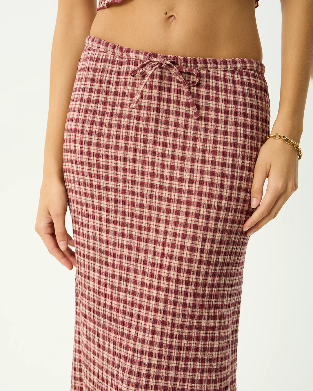 Capricorn - Seersucker Maxi Skirt - Burgundy / Beige Check